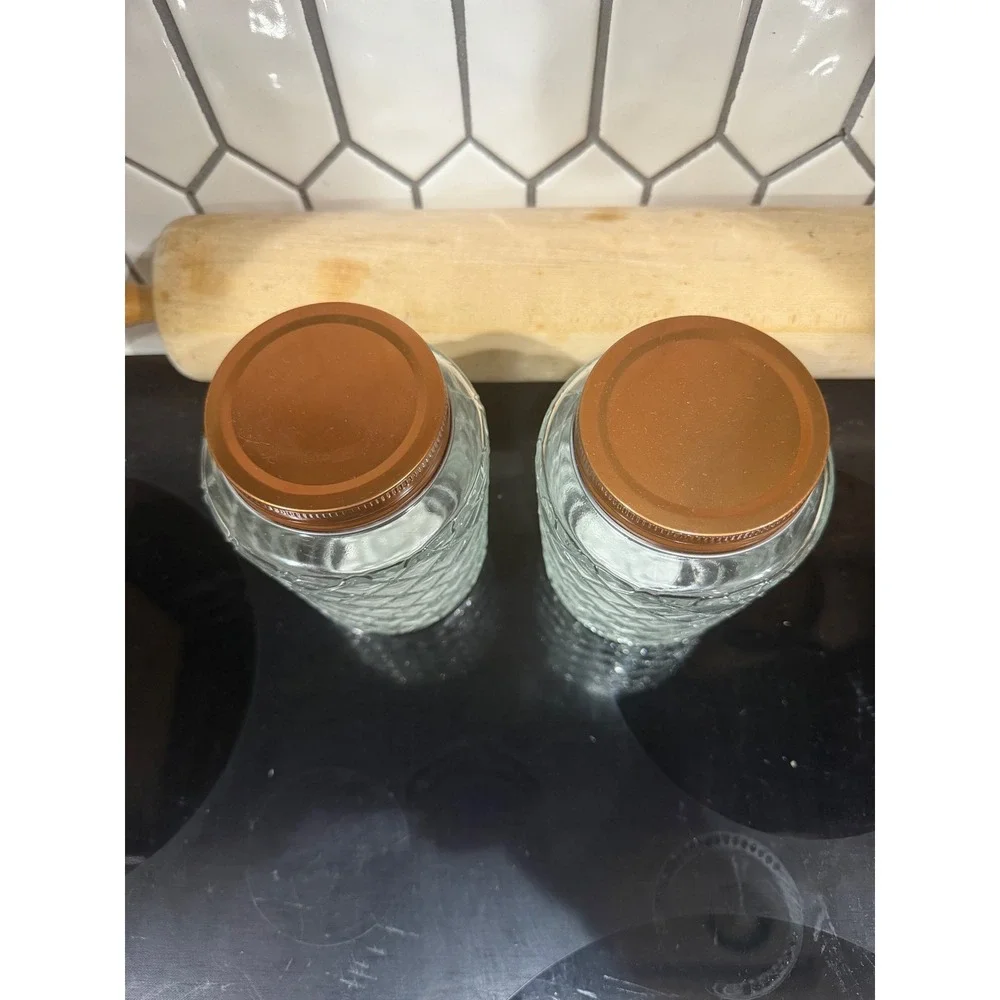 Set of 2 Diamond Textured Glass Jars with Copper Lids 5.5 Inch Storage Canisters